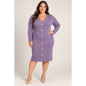 BOLD Elements Women’s Purple Ribbed Button-Front Long-Sleeve Sweater Dress Size